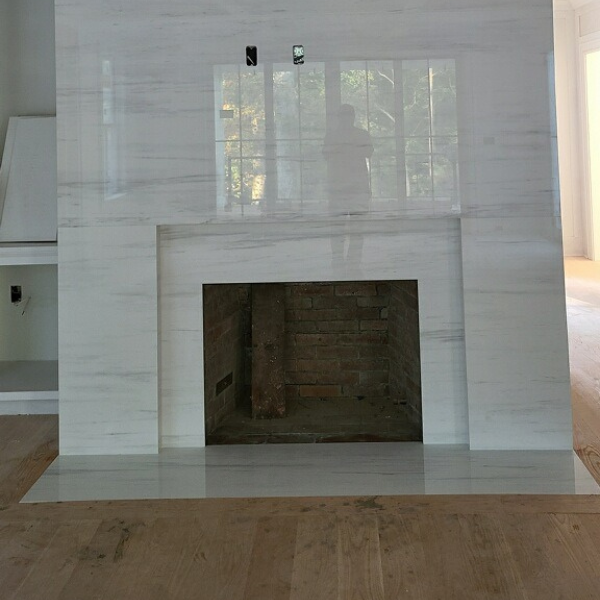 Bianco Dolomiti Porcelain <br> Location: Darien, CT <br> Project: Fireplace