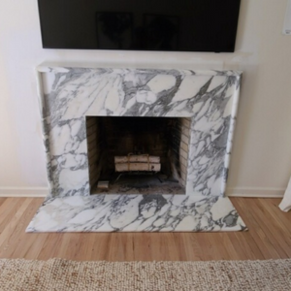 Arabescato Corchia Marble <br> Location: Rye, NY <br> Project: Fireplace