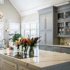 Beautiful Marble Kitchen Counter and Stove With Cobalt Blue Decor