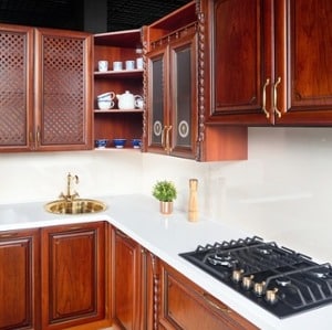 White counter store wood cabinets