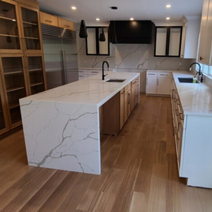 Calacata Quartz Mitered and waterfall edge Location: New Canaan CT Project: Full Kitchen Renovation