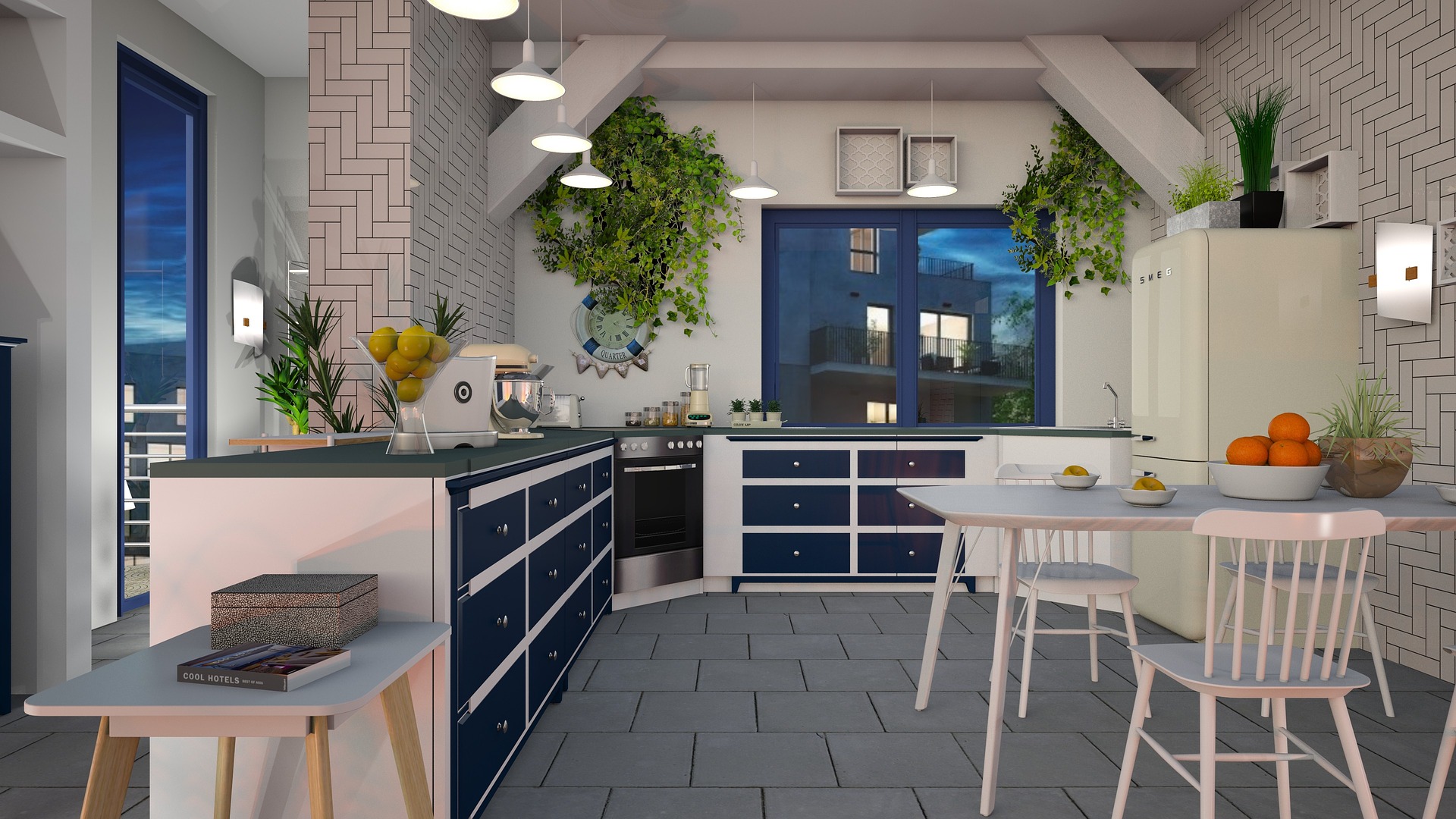 A kitchen featuring high-contrast deep blue with white Carrara marble