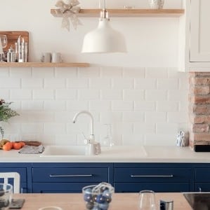 Beautiful Marble Kitchen Counter and Stove With Cobalt Blue Decor